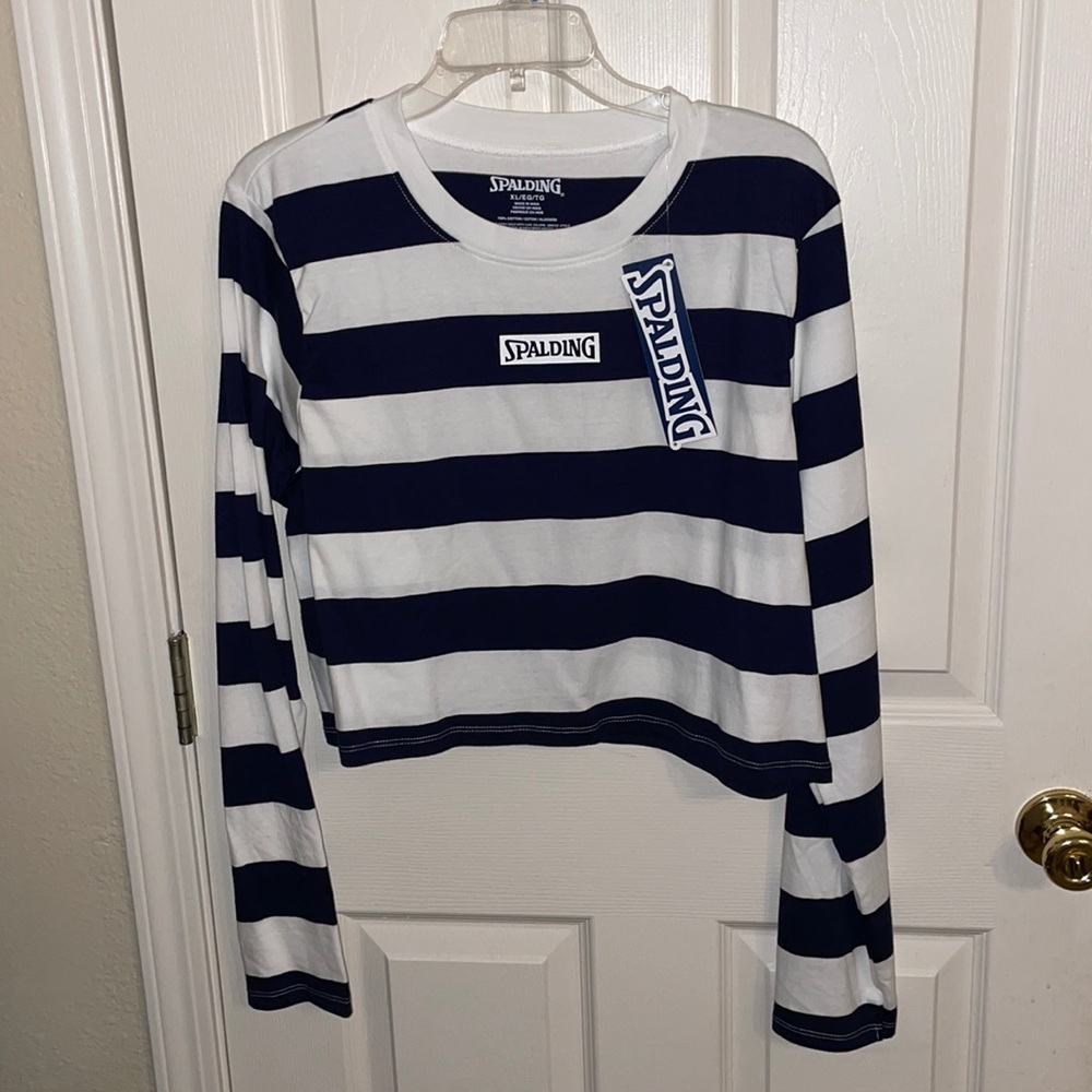 Long sleeve navy blue & white crop top.